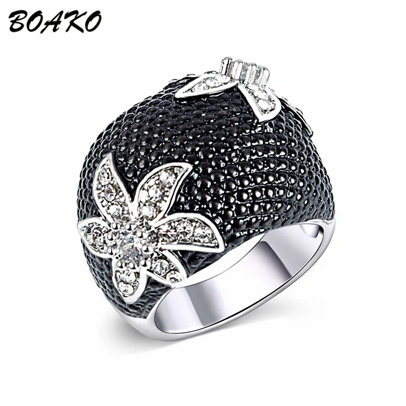 

BOAKO Black CZ Flower Ring Vintage Wedding Rings for Women Fashion Finger Jewelry Anillos Promise Engagement Ring Bague Femme