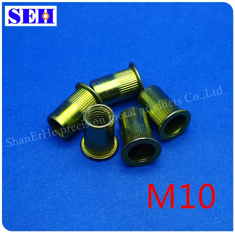300pcs Rivet Pop M10 Nutsert Flat Head Yellow Zinc Plated Nuts Metric