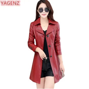 

YAGENZ Spring Autumn Women's Clothing Leather Windbreaker Jacket Large Size Fashion Long Section High-quality Women Red Coat 599