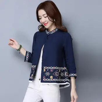 

2019 spring new Embroidery Indie Folk women shirts Three Quarter stand Blouses tops plus size Female shirts gx255