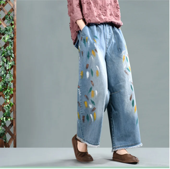 

Spring Autumn Jeans Women Loose Large size Denim Pants New Ladies Elastic Waist pocket Bleached Print Casual Blended Trousers
