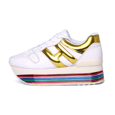 Разноцветные кроссовки на платформе; женская повседневная обувь; женская обувь из натуральной кожи на шнурках; tenis feminino; белые кроссовки на массивном каблуке - Цвет: gold rainbow
