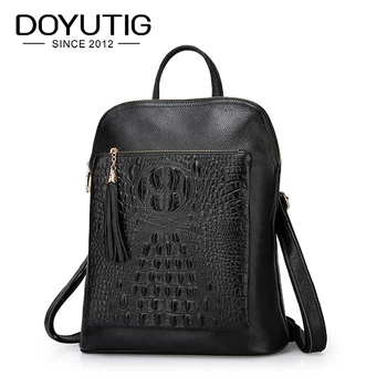 

DOYUTIG Luxury Style Women's Black Genuine Cow Leather Backpack With Alligator Pattern Casual Large Capacity Lady Knapsacks E162