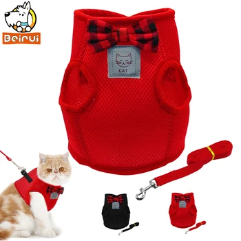

Breathable Cat Puppy Harness Vest and Leash Set Bownot Durable Small Cats Dogs Vest Jacket Leads For Kitten Pet Red Black
