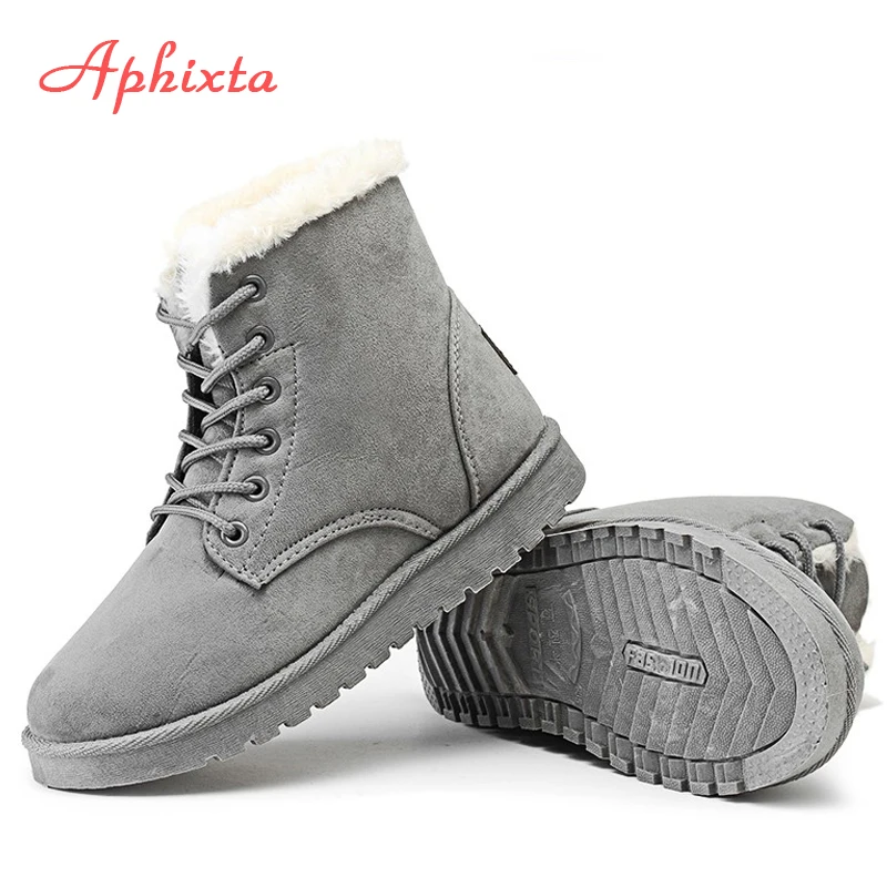 

Aphixta Snow Boots Shoes Woman Ankle Boots For Women Lace-Up Warm Fur Plush Suede Shoes Flat Heels Botas Mujer Shoes Big Size 42