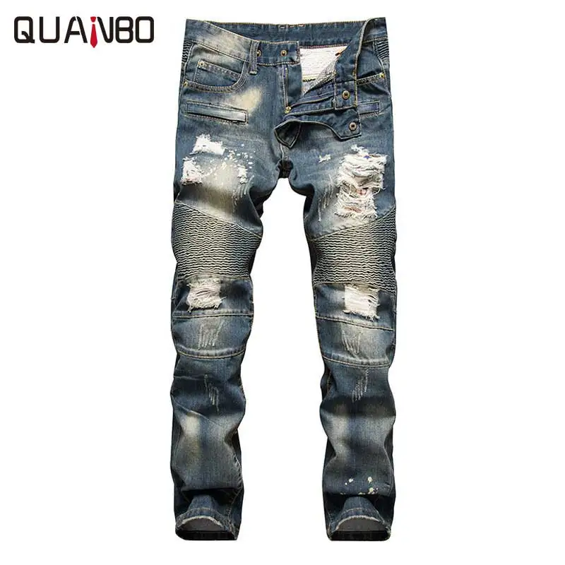 

Retro colors jeans homme 2018 new Europe funky hole patches distressed jeans slim fit straight leg rock jeans Hot Sale