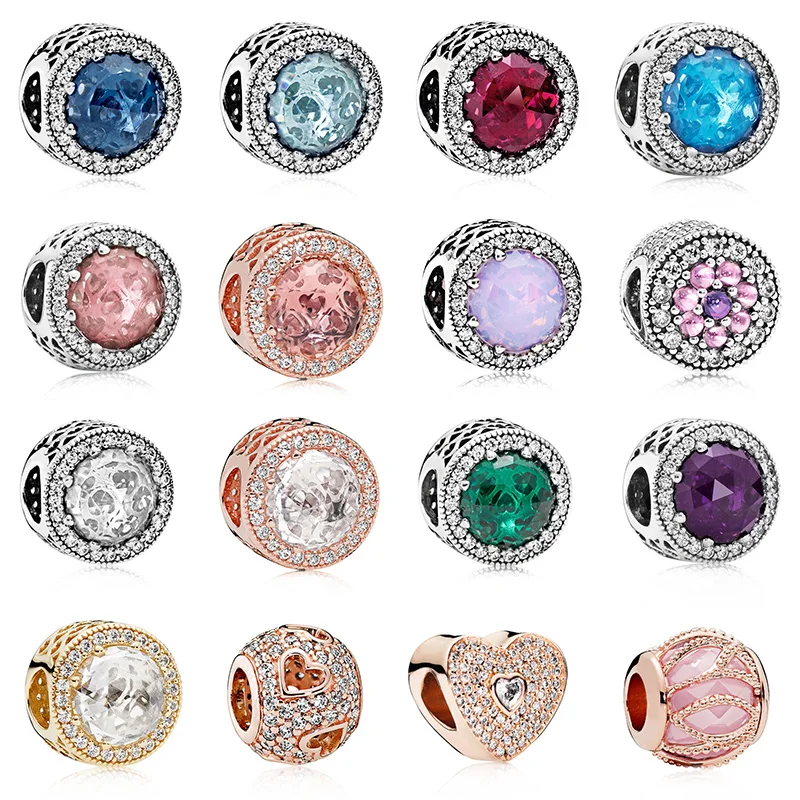 

16 Color 925 Sterling Silver Bead Charms Round Big Clear Zircon Beads For Original Pandora Bracelet Bangle Charms Women Jewelry