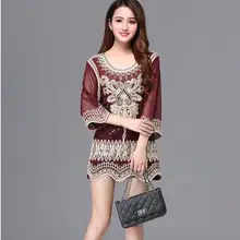 Плюс размер винтажная вышивка Геометрическая три четверти o-образным вырезом черная длинная весна осень лето футболка женская