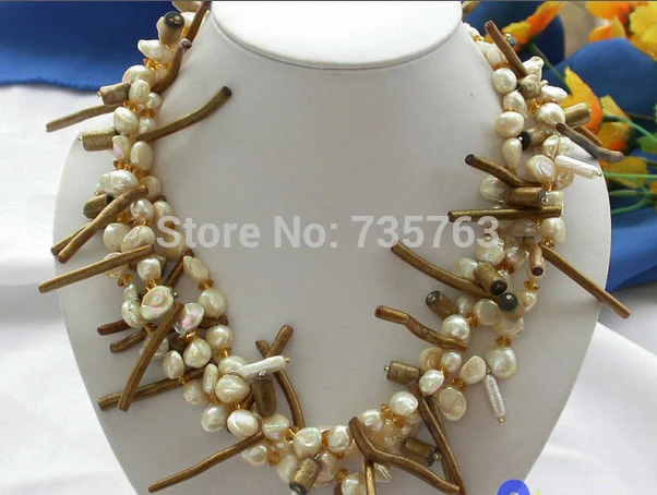 

HOT N644 3row canary BAROQUE FW PEARL golden coral NECKLACE