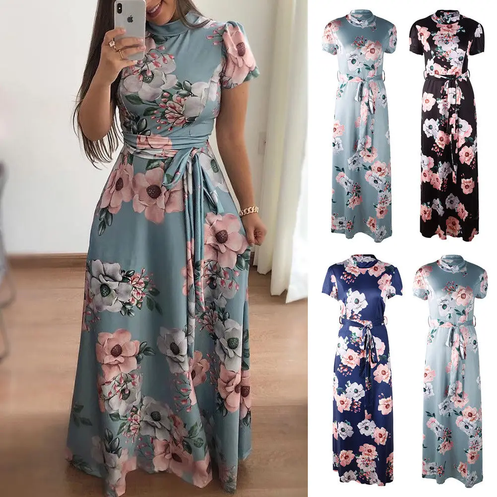Summer Casual Womens Lace Up Long Dresses Short Sleeve Bodycon Floral ...