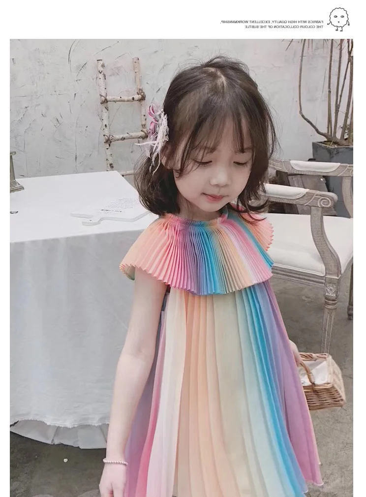 Mihkalev/летние платья для маленьких девочек; вечерние платья для малышей; платье принцессы с радугой для девочек; детское плиссированное платье; Размер 7