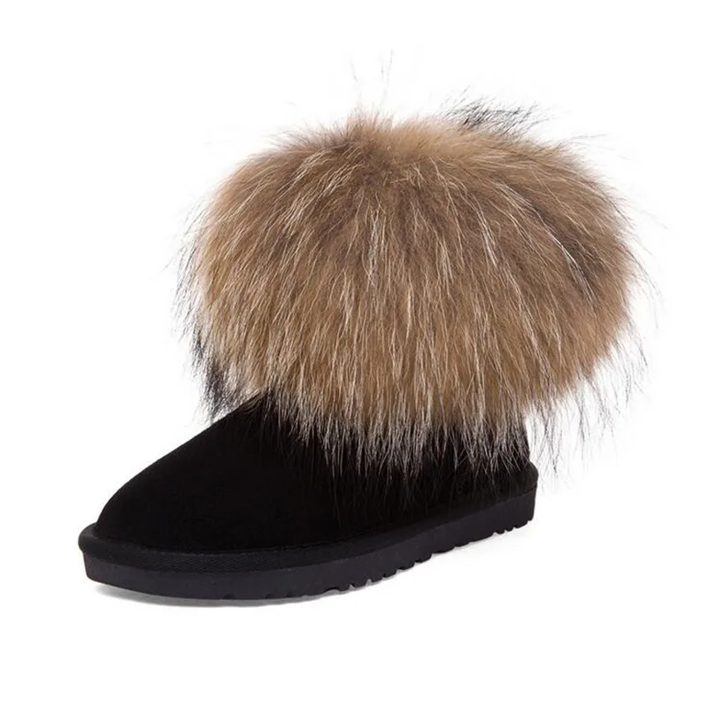 

Natural Big Fox Fur Women's Winter Snow Boots Top Quality Cotton Boots Winter Round Toe Suede Boots Woman drop Shipping