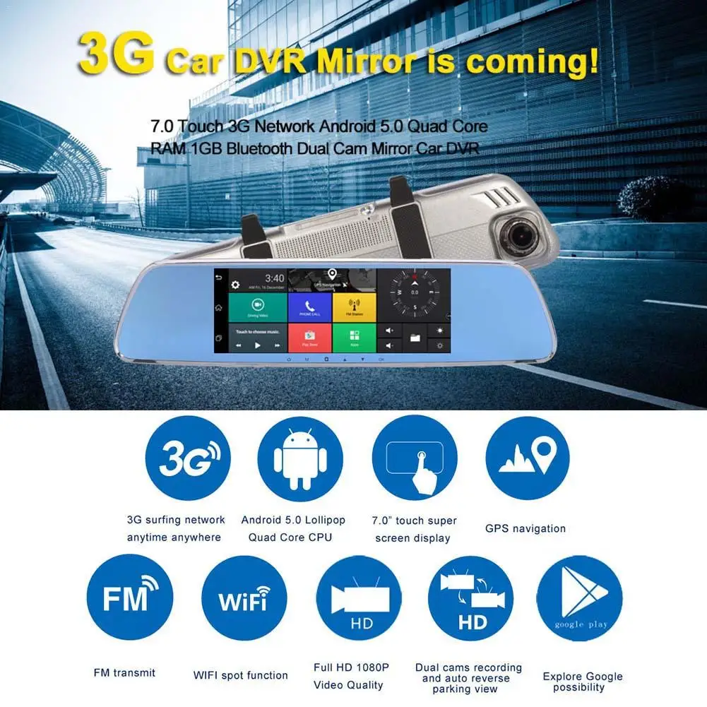 

New Car DVR Mirror Auto Driving Recorder With 7" Full HD 1080P Smart Rear view Mirror Dash Camera 3G WIFI GPS For Android 5.0