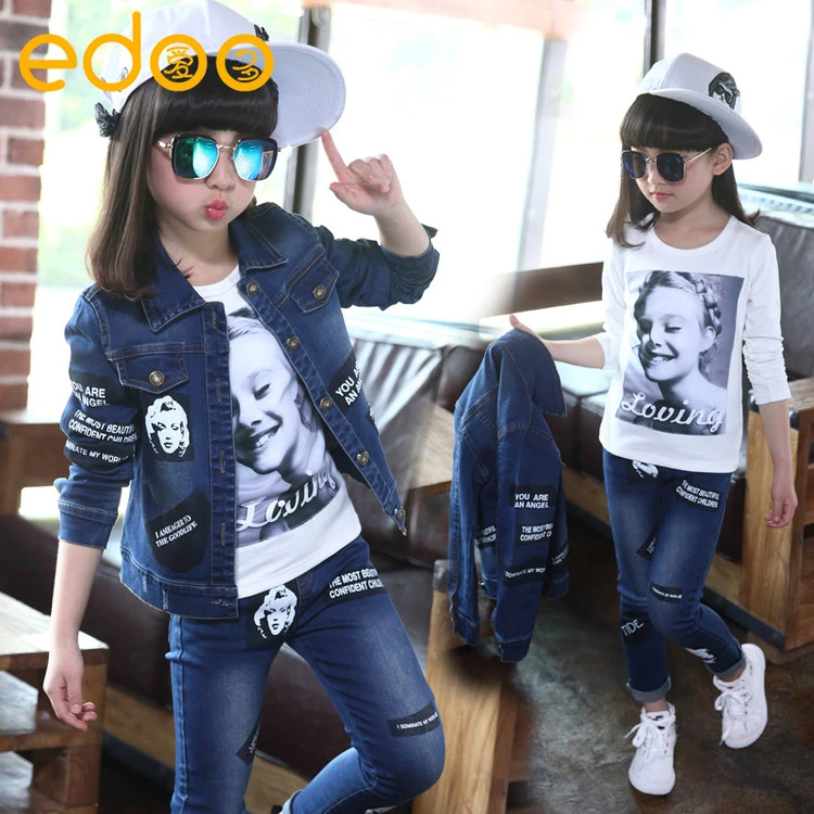 

Children's clothing autumn 2016 child denim set spring and autumn big boy girls autumn 3 piece set kids clothes