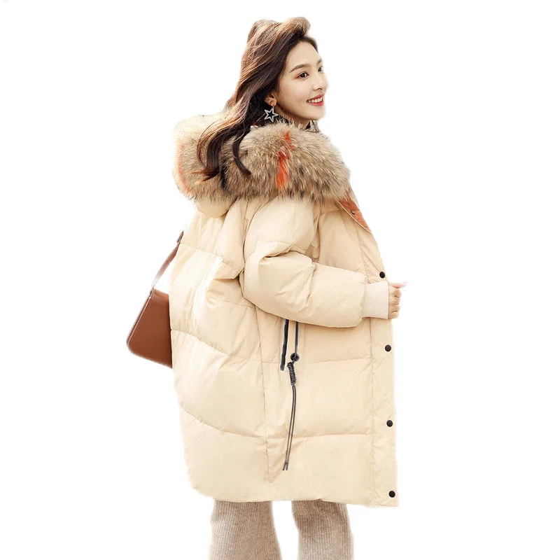 

Winter Women Warm Down Coat Outwear Parka Female Real Raccoon Fur Collar Hooded Thicken White Duck Down Jacket Oversize Q199