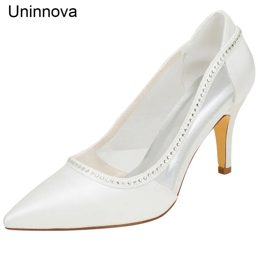 

Bridal Bridesmaids' Crystal Air Mesh Ivory White Royal Blue Pointed Toe Wedding Heels Satin Elegant Pumps Uninnova 18353-41 LY