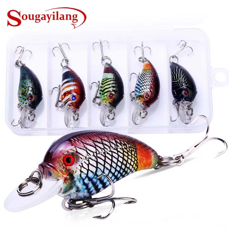

Sougayilang 5PCS Fishing Lure ABS Hard Plastic Topwater Minnow Lure with Box 3D Eyes Wobblers Artificial Bait Carp Bass Fishing