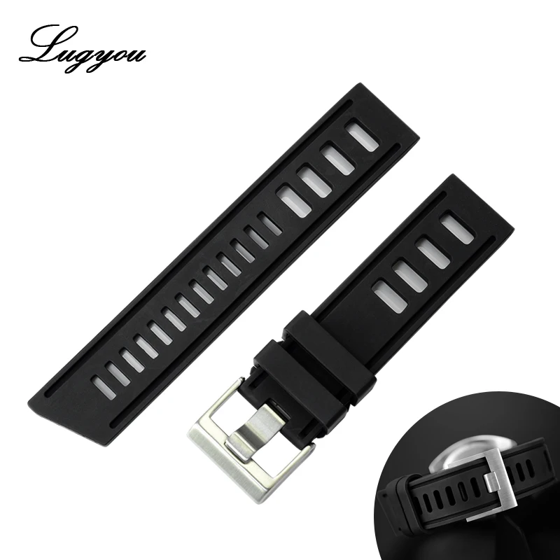 

LUGYOU Watch Parts Rubber Strap Waterproof Black No Insert 22mm Hollowed Brushed Tongue Buckle Fit for San Martin 001 Watch