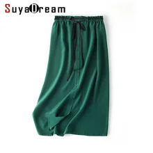 Женская шелковая юбка, натуральный шелк, креп, одноцветная, а-силуэт, юбки, OL, эластичная талия, длина до середины икры, юбка, весна-лето, новинка, зеленая