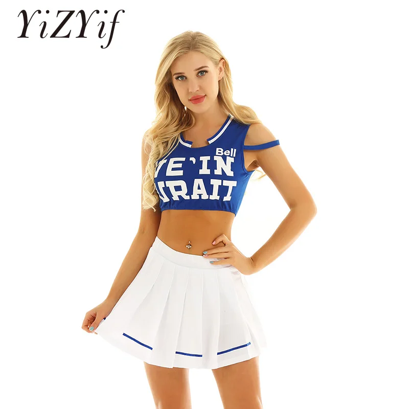 النساء المشجع زي كرة القدم التشجيع موحدة لكرة القدم طقم ملابس للأطفال مخطط طوق المحاصيل أعلى مع قصيرة مطوي تنورة مجموعة النساء المشجع زي كرة القدم التشجيع موحدة لكرة القدم طقم ملابس للأطفال مخطط طوق المحاصيل أعلى مع قصيرة مطوي تنورة مجموعة