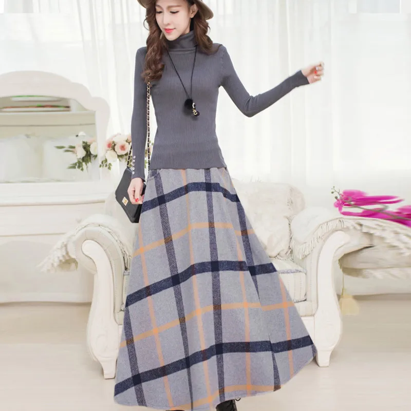 Spring Autumn Female Retro Plaid Woolen font b Skirts b font High Waist Long Ankle length