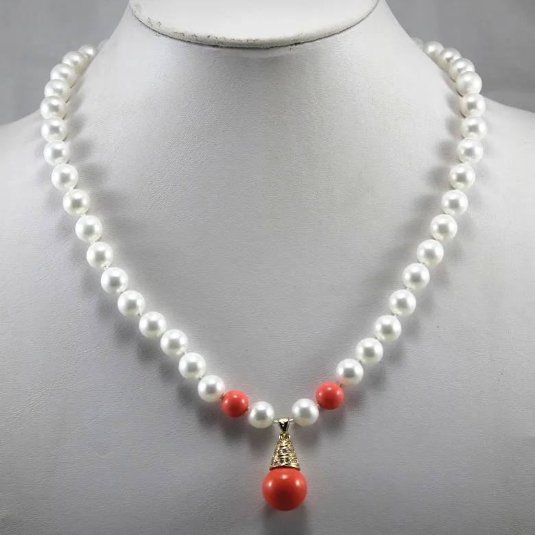 

simplest fashion design! wholesale/retail 8mm white shell pearl necklace+14mm red pearl pendant ##a #a
