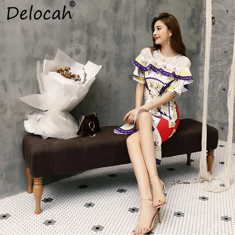 Delocah Women Spring Summer Vintage Dress Runway Fashion Designer Ruffles Sequined Horse Printed Elegant Mermaid Party Dresses
