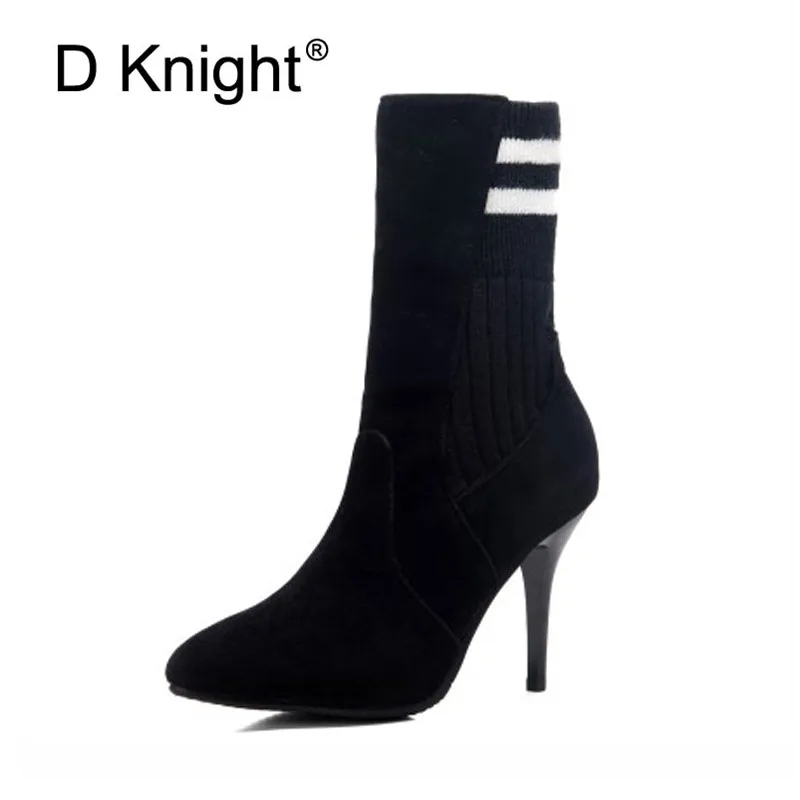 

2018 Winter Women's Boots Pointed Toe Elastic Kniting Ankle Boots Thin Heel High Heels Shoes Woman Female Socks Boots Black Red