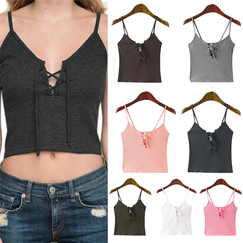 

Women Camis Front Cross Lacing Up Strappy Bustier Crop Top Tank Bralette Ropa