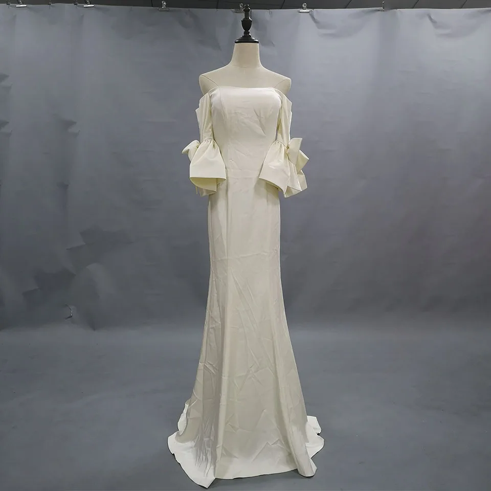 

Off the Shoulder Flare Sleeve Wedding Dress 2019 Satin Mermaid Bridal Gowns Stock Wedding Dresses Vestidos Novia