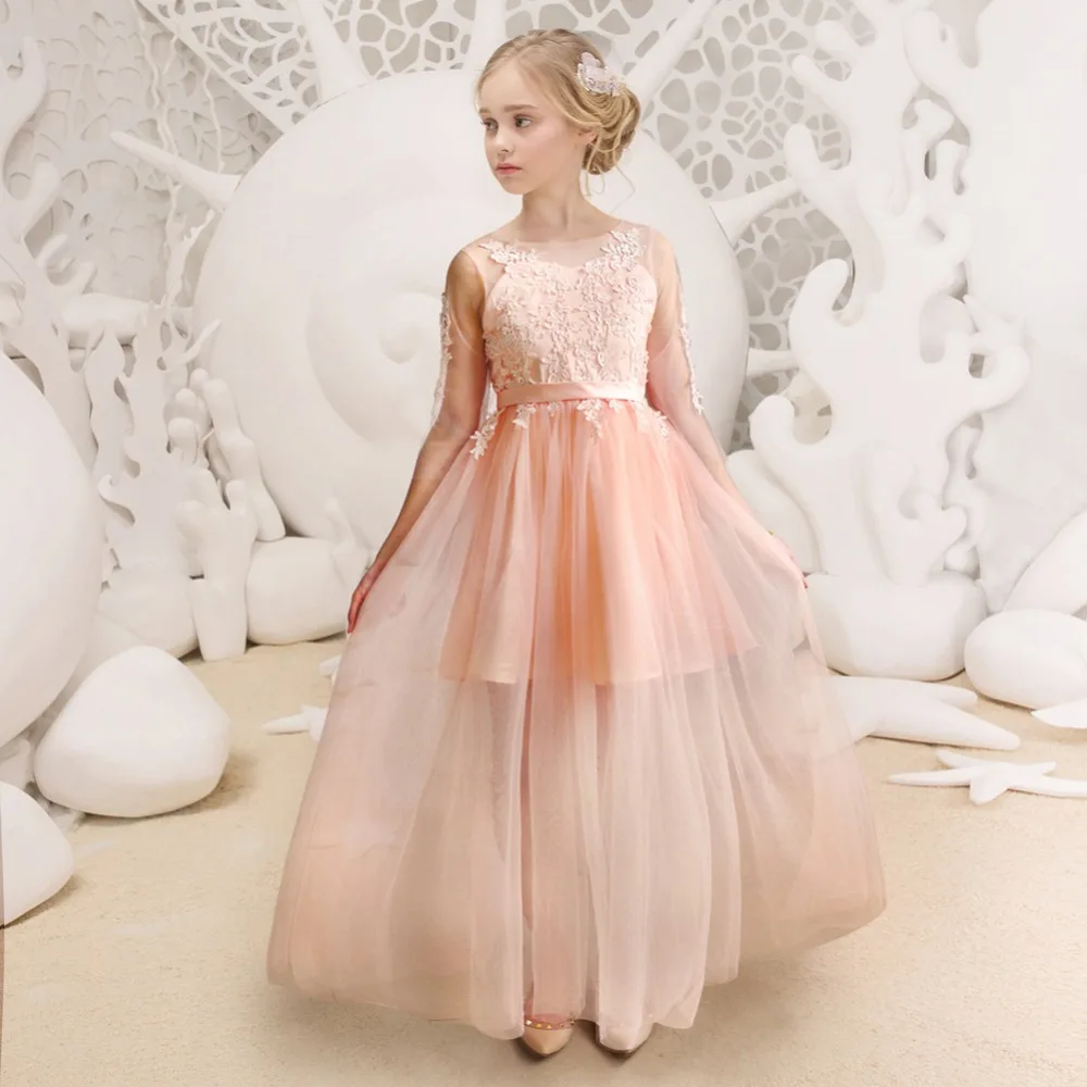 

Pink Princess Party Dresses Flower Girl Dress Lace Appliques A-line Gown for Little Girls Floor Length Gown Kids First Communion
