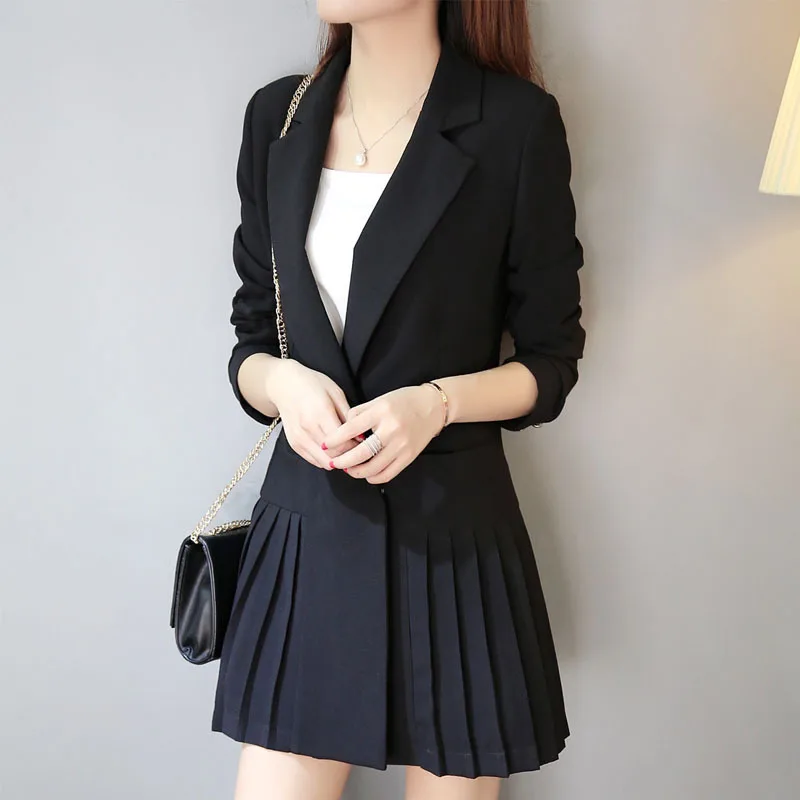 OL Double Breasted Pleated Dress Women Full Sleeve Blazer Work Dresses ...