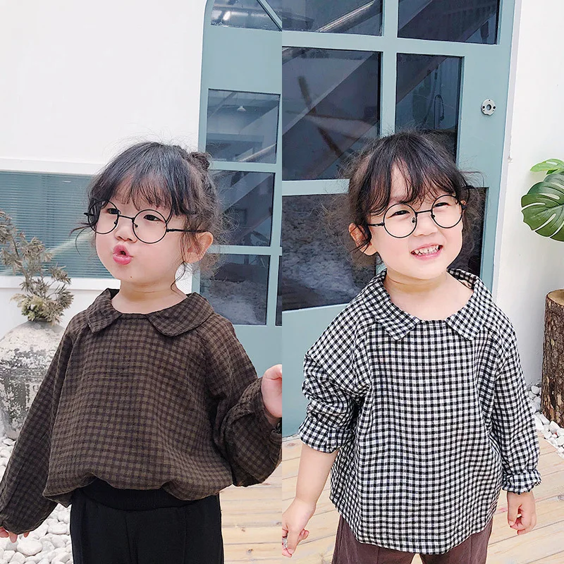 

Fall 2019 New Children Plaid Long-sleeved Shirt Toddler Kids Casual Doll Collar Top Blouses Girls Baby Cotton-linen Shirts