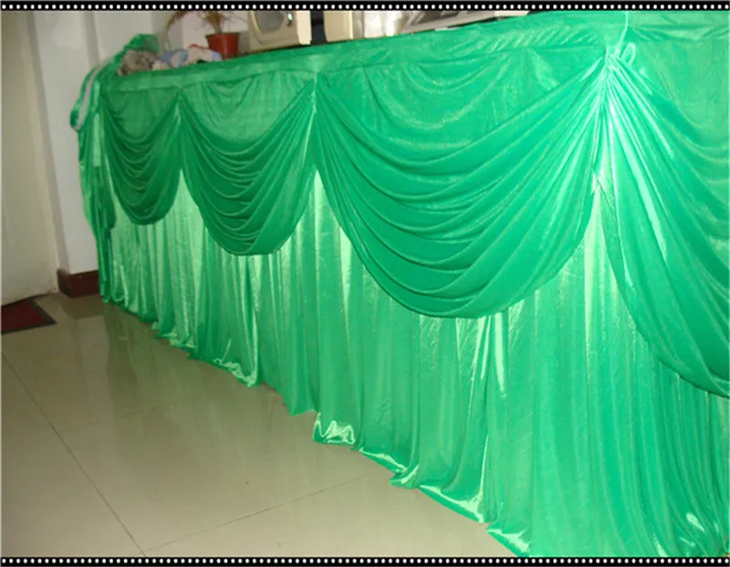 

5pcs 16ft wide x 29'' high 100% knitted Ice Silk wedding Table Silk with Swag Table Skirting with Metal Clips Table Linen