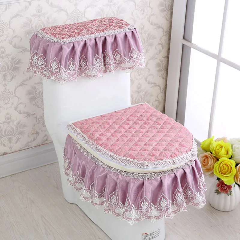 

3pcs Set Toilet Seat Cover Lace Zipper Dustproof Overcoat WC Durable Decoration Mats TB Sale