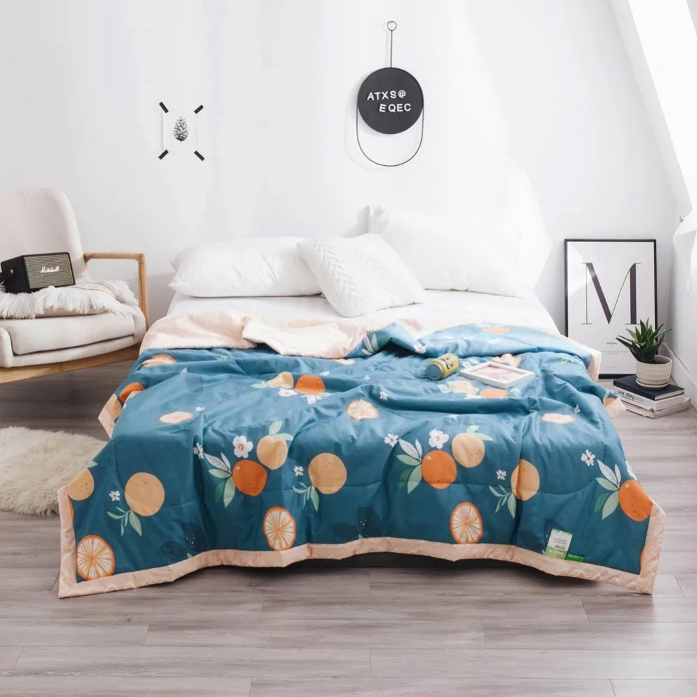 

2019 Oranges Leaves Blue Thin Summer Quilt Air-condition Stitching Comforter Cotton Fabric Polyester Twin Full Queen Size