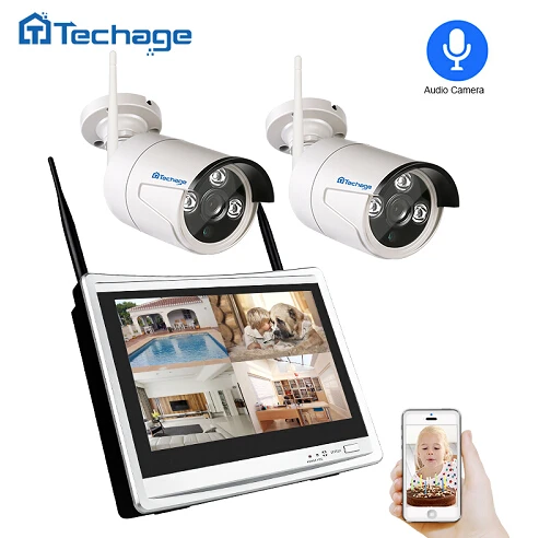 Techage 2 в 1 4CH 1080P 1" lcd Беспроводной NVR Wifi CCTV система наружная 2MP аудио запись звук камера P2P комплект видеонаблюдения - Цвет: 2 Audio Cameras Kit