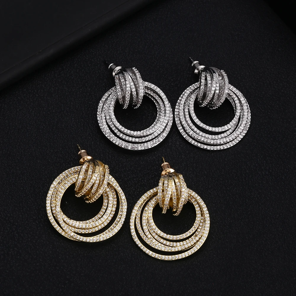 

JANKELLY Luxury Circle Twist Statement Dangle Earrings Trendy Indian Bridal Cubic Zircon Crystal CZ Earrings For Women Wedding