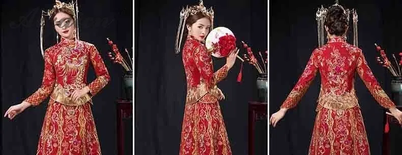 Новый 2019 Для женщин Китайский традиционный свадебный платье Qipao Oriental Стиль дракон феникс Ципао Длинные платья Китай свадебное платье