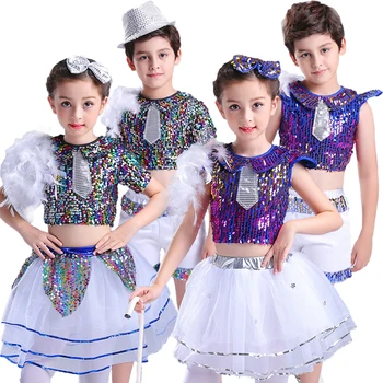 

Songyuexia Children's Modern Dance Costume Kindergarten Jazz Costume Girl Dance Costume Sequined Pompon Skirt