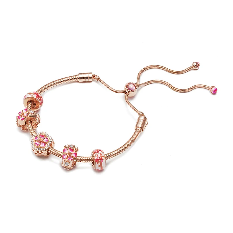 

New 925 Sterling Silver Peach Blossoms Flower Set Adjustable Pandora Bracelet Fit for Original Women Charm Bracelet DIY Jewelry