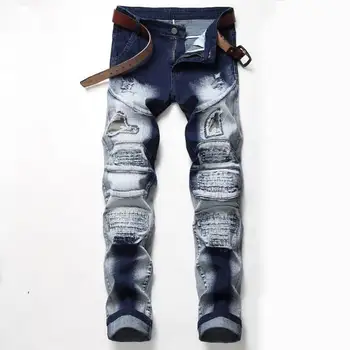 

Mens Vintage Hip Hop Denim Jeans Pants 2019 High Street Holes Ripped Patchwork Slim Trousers Autumn Fashion Motorcycle Jean Pant