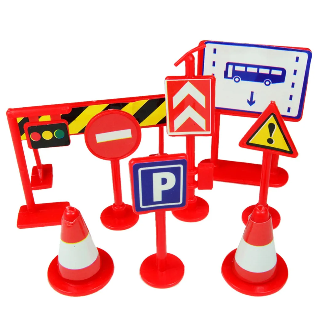 

KIds Toy Fun 9PCS Traffic Road Signs Learn Toy Kids Children Play Learning Traffic knowledge About Car Stress Reliever Toy