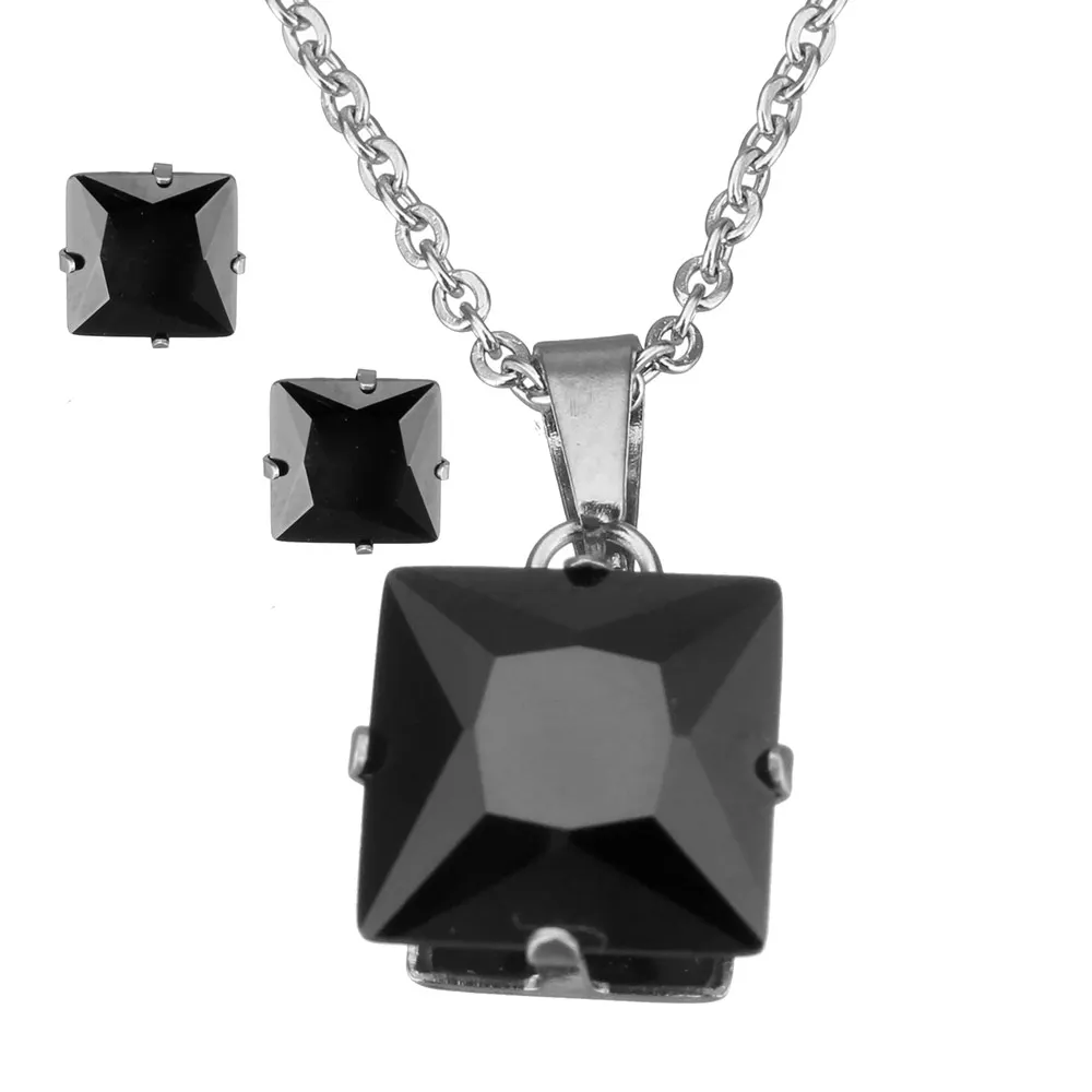 Новейшие Модные Ювелирные наборы из нержавеющей стали, серьги-гвоздики и ожерелье, квадратное CZ ожерелье с кулоном для женщин, свадебные ювелирные изделия - Окраска металла: black