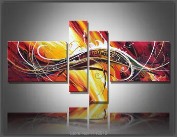 

Hot Modern Abstract Yellow Red Letter Peacock Flower Oil Painting On Canvas 4 Panel Art Set Home Wall Decorative For Living Room