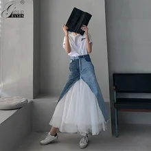 Золотая модная повседневная сетчатая Лоскутная Женская юбка с высокой талией, хитовые цветные джинсовые асимметричные юбки средней длины для женщин, лето, Новинка