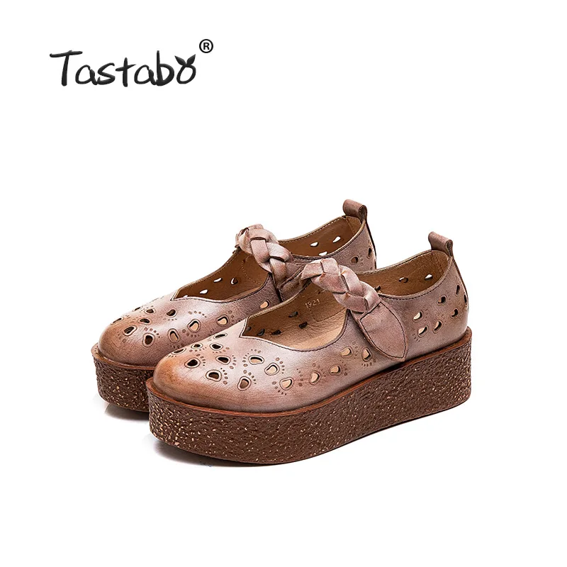 Tastabo Genuine Leather Women's shoes Thick bottom design simple casual style Z1921 Leather comfortable insole Brown Sand 35-40 - Цвет: Sand