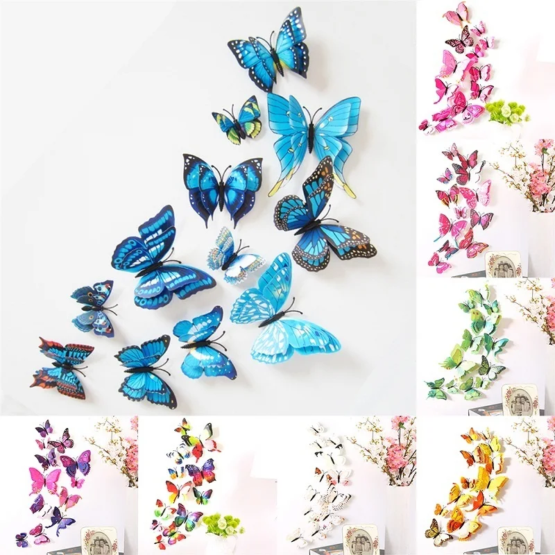 12pcs Simulated Butterflies Wall Stickers 3D Butterfly Double Wing Wall