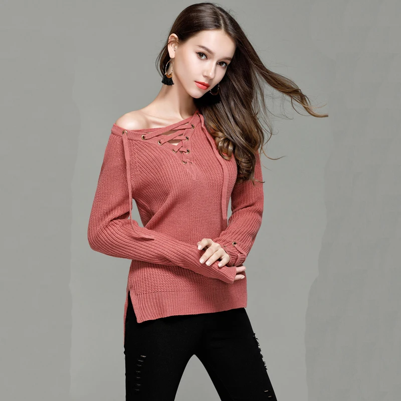 LOSSKY Autumn Winter Pullover Women Jumper O Neck Lace Up Long Sleeve Sweater Female Knitted Jumper Ladies Slim Knit Tops 2018 LOSSKY Autumn Winter Pullover Women Jumper O Neck Lace Up Long Sleeve Sweater Female Knitted Jumper Ladies Slim Knit Tops 2018