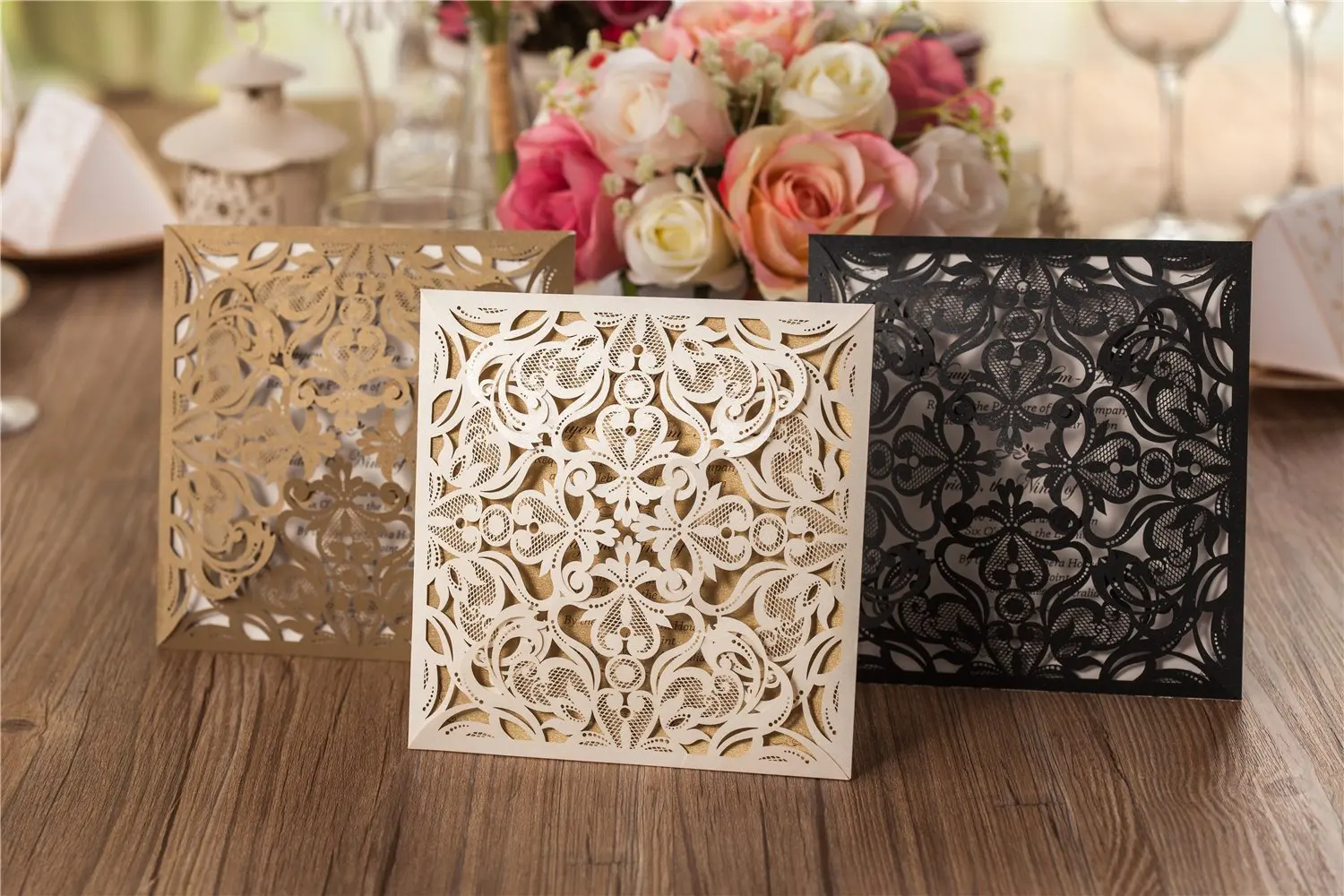 

1Pcs Gold & Invory & Black Square Laser Cut Wedding Invitation Card, Birthday Party Quinceanera Gift Greeting Card with Envelope